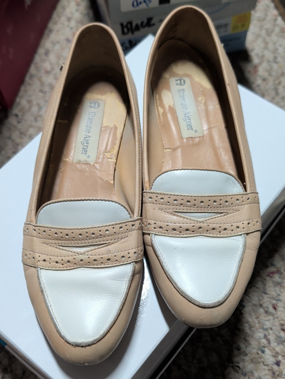 Vintage Etienne Aigner Two Tone Leather Penny Loafers Beige White Size 7M